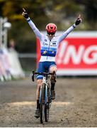 26 November 2023; Célia Gery of France crosses the finish line to win the Womens Junior race during Round 5 of the UCI Cyclocross World Cup at the Sport Ireland Campus in Dublin. Photo by David Fitzgerald/Sportsfile
