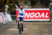 26 November 2023; Célia Gery of France crosses the finish line to win the Womens Junior race during Round 5 of the UCI Cyclocross World Cup at the Sport Ireland Campus in Dublin. Photo by David Fitzgerald/Sportsfile