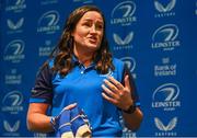 25 November 2023; Leinster Rugby Women's captain Hannah O'Connor speaking at the Leinster Rugby Women's Cap presentation after the United Rugby Championship match between Leinster and Munster at the Aviva Stadium in Dublin. Photo by Tyler Miller/Sportsfile