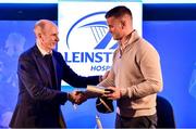 25 November 2023; Leinster Rugby Chief Executive Officer Shane Nolan presents a gift to recently retired Ireland and Leinster legend Jonathan Sexton ahead of the United Rugby Championship match between Leinster and Munster at the Aviva Stadium in Dublin. Photo by Sam Barnes/Sportsfile