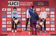 26 November 2023; Sport Ireland Chief Executive Officer, Dr Una May presents the winners jersey to Stefano Viezzi of Italy after the Mens Junior race during Round 5 of the UCI Cyclocross World Cup at the Sport Ireland Campus in Dublin. Photo by David Fitzgerald/Sportsfile