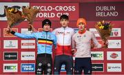 26 November 2023; Cyclists from left, second place Arthur Van Den Boer of Belgium, first place Stefano Viezzi of Italy, and third place Keije Solen of Netherlands, pose for a photograph after the Mens Junior race during Round 5 of the UCI Cyclocross World Cup at the Sport Ireland Campus in Dublin. Photo by David Fitzgerald/Sportsfile
