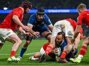25 November 2023; Jamison Gibson-Park of Leinster is stopped just short of the try line during the United Rugby Championship match between Leinster and Munster at the Aviva Stadium in Dublin. Photo by Sam Barnes/Sportsfile