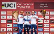 26 November 2023; Cyclists from left, second place Cat Ferguson of Great Britain, first place Célia Gery of France, and third place Imogen Wolff of Great Britain, stand for a photograph after the Womens Junior race during Round 5 of the UCI Cyclocross World Cup at the Sport Ireland Campus in Dublin. Photo by David Fitzgerald/Sportsfile