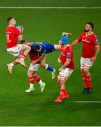 25 November 2023; Shane Daly of Munster wins possession of the ball over Jordan Larmour of Leinster during the United Rugby Championship match between Leinster and Munster at the Aviva Stadium in Dublin. Photo by Tyler Miller/Sportsfile