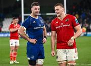 25 November 2023; Caelan Doris of Leinster and Gavin Coombes of Munster after the United Rugby Championship match between Leinster and Munster at the Aviva Stadium in Dublin. Photo by Harry Murphy/Sportsfile