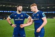 25 November 2023; Robbie Henshaw and Ciarán Frawley of Leinster after their side's victory in the United Rugby Championship match between Leinster and Munster at the Aviva Stadium in Dublin. Photo by Harry Murphy/Sportsfile