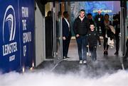 25 November 2023; Former Leinster captain Jonathan Sexton, alongside his son Luca, is introduced to the crowd before the United Rugby Championship match between Leinster and Munster at the Aviva Stadium in Dublin. Photo by Harry Murphy/Sportsfile