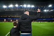 25 November 2023; Former Leinster captain Jonathan Sexton, alongside his son Luca, is introduced to the crowd before the United Rugby Championship match between Leinster and Munster at the Aviva Stadium in Dublin. Photo by Harry Murphy/Sportsfile