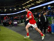 25 November 2023; Diarmuid Barron of Munster runs out before the United Rugby Championship match between Leinster and Munster at the Aviva Stadium in Dublin. Photo by Harry Murphy/Sportsfile