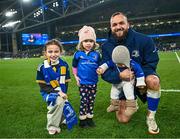 25 November 2023; Jamison Gibson-Park of Leinster with his children, from right, Jai, Iris and Isabella after his side's victory in the United Rugby Championship match between Leinster and Munster at the Aviva Stadium in Dublin. Photo by Harry Murphy/Sportsfile