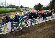 26 November 2023; Ireland supporters cheer on Tadhg Killeen of Ireland during the Mens Under-23 race during Round 5 of the UCI Cyclocross World Cup at the Sport Ireland Campus in Dublin. Photo by David Fitzgerald/Sportsfile