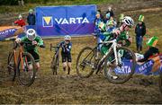 26 November 2023; Jamie Meehan of Ireland, right, during the Mens Under-23 race during Round 5 of the UCI Cyclocross World Cup at the Sport Ireland Campus in Dublin. Photo by David Fitzgerald/Sportsfile