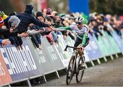 26 November 2023; Dean Harvey of Ireland crosses the finish line after the Mens Under-23 race during Round 5 of the UCI Cyclocross World Cup at the Sport Ireland Campus in Dublin. Photo by David Fitzgerald/Sportsfile