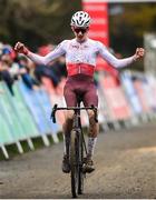 26 November 2023; Tibor Del Grosso of Netherlands crosses the finish line to win the Mens Under-23 race during Round 5 of the UCI Cyclocross World Cup at the Sport Ireland Campus in Dublin. Photo by David Fitzgerald/Sportsfile