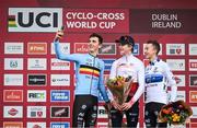 26 November 2023; Cyclists, from left, second place Emiel Verstrynge of Belgium, first place Tibor Del Grosso of Netherlands, and third place Jente Michels of Belgium, take a selfie after the Mens Under-23 race during Round 5 of the UCI Cyclocross World Cup at the Sport Ireland Campus in Dublin. Photo by David Fitzgerald/Sportsfile