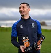 27 November 2023; Ronan Coughlan of Waterford with his SSE Airtricity / SWI Player of the Month Awards for April and November 2023, the first League of Ireland First Division player to win two awards in a single season in 58 years, at the FAI Headquarters in Abbotstown, Dublin. Photo by Ben McShane/Sportsfile