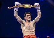 25 November 2023; John Cooney is declared victorious over Liam Gaynor in their BBBC Celtic super-featherweight bout at the 3Arena in Dublin. Photo by Stephen McCarthy/Sportsfile