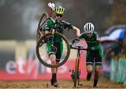 26 November 2023; Roisin Lally of Ireland, left, and team-mate Caoimhe May during the Elite Womens race during Round 5 of the UCI Cyclocross World Cup at the Sport Ireland Campus in Dublin. Photo by David Fitzgerald/Sportsfile