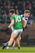 26 November 2023; Andrew Whelton of Castlehaven is tackled by James Power of Rathgormack during the AIB Munster GAA Football Senior Club Championship semi-final match between Rathgormack, Waterford, and Castlehaven, Cork, at Fraher Field in Dungarvan, Waterford. Photo by Eóin Noonan/Sportsfile