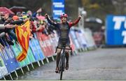 26 November 2023; Lucinda Brand of the Netherlands crosses the finish line to win the Elite Womens race during Round 5 of the UCI Cyclocross World Cup at the Sport Ireland Campus in Dublin. Photo by David Fitzgerald/Sportsfile