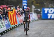 26 November 2023; Lucinda Brand of the Netherlands crosses the finish line to win the Elite Womens race during Round 5 of the UCI Cyclocross World Cup at the Sport Ireland Campus in Dublin. Photo by David Fitzgerald/Sportsfile