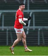 26 November 2023; Lee Brennan of Trillick celebrates after kicking a late point during the AIB Ulster GAA Football Senior Club Championship semi-final match between Scotstown, Monaghan, and Trillick, Tyrone, at BOX-IT Athletic Grounds in Armagh. Photo by Ramsey Cardy/Sportsfile
