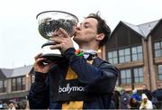 26 November 2023; JJ Slevin with the John Durkan Memorial Cup after winning the John Durkan Memorial Punchestown Steeplechase with Fastorslow on day two of the Punchestown Winter Festival at Punchestown Racecourse in Kildare. Photo by Matt Browne/Sportsfile