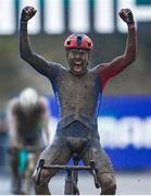 26 November 2023; Pim Ronhaar of Netherlands crosses the finish line to win the Elite Mens race during Round 5 of the UCI Cyclocross World Cup at the Sport Ireland Campus in Dublin. Photo by David Fitzgerald/Sportsfile