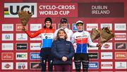 26 November 2023; Sport Ireland Chief Executive Officer, Dr Una May, front, poses for a photograph with cyclists, from left, second place Marie Schreiber of Luxembourg, first place Zoe Backstedt of Great Britain, and third place Kristýna Zemanová, after the Womens-U23 race during Round 5 of the UCI Cyclocross World Cup at the Sport Ireland Campus in Dublin. Photo by David Fitzgerald/Sportsfile