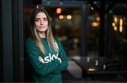 27 November 2023; Chloe Mustaki poses for a portrait during a Republic of Ireland women media conference at their team hotel in Castleknock, Dublin. Photo by Stephen McCarthy/Sportsfile