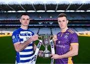 27 November 2023; Naas football captain Eoin Doyle and Kilmacud Crokes football captain Shane Cunningham during the launch of the 2023 AIB GAA Leinster Senior Club Championship Finals at Croke Park in Dublin. Photo by Piaras Ó Mídheach/Sportsfile