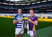 27 November 2023; Naas football captain Eoin Doyle and Kilmacud Crokes football captain Shane Cunningham during the launch of the 2023 AIB GAA Leinster Senior Club Championship Finals at Croke Park in Dublin. Photo by Piaras Ó Mídheach/Sportsfile