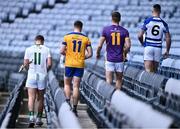 27 November 2023; In attendance, from left, O'Loughlin Gaels hurling captain Mark Bergin, Na Fianna hurling captain Donal Burke, Kilmacud Crokes football captain Shane Cunningham and Naas football captain Eoin Doyle during the launch of the 2023 AIB GAA Leinster Senior Club Championship Finals at Croke Park in Dublin. Photo by Piaras Ó Mídheach/Sportsfile