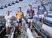 27 November 2023; In attendance, from left, O'Loughlin Gaels hurling captain Mark Bergin, Na Fianna hurling captain Donal Burke, Kilmacud Crokes football captain Shane Cunningham and Naas football captain Eoin Doyle during the launch of the 2023 AIB GAA Leinster Senior Club Championship Finals at Croke Park in Dublin. Photo by Piaras Ó Mídheach/Sportsfile