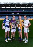 27 November 2023; In attendance, from left, Naas football captain Eoin Doyle, Kilmacud Crokes football captain Shane Cunningham, Na Fianna hurling captain Donal Burke and O'Loughlin Gaels hurling captain Mark Bergin during the launch of the 2023 AIB GAA Leinster Senior Club Championship Finals at Croke Park in Dublin. Photo by Piaras Ó Mídheach/Sportsfile