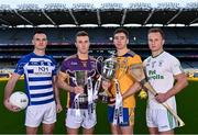 27 November 2023; In attendance, from left, Naas football captain Eoin Doyle, Kilmacud Crokes football captain Shane Cunningham, Na Fianna hurling captain Donal Burke and O'Loughlin Gaels hurling captain Mark Bergin during the launch of the 2023 AIB GAA Leinster Senior Club Championship Finals at Croke Park in Dublin. Photo by Piaras Ó Mídheach/Sportsfile