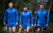 27 November 2023; Leinster players, from left, Ciarán Frawley, Jordan Larmour and Scott Penny during a Leinster Rugby squad training at UCD in Dublin. Photo by Harry Murphy/Sportsfile
