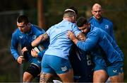 27 November 2023; Leinster players, from left, Brian Deeny, Andrew Porter and Michael Milne during a Leinster Rugby squad training at UCD in Dublin. Photo by Harry Murphy/Sportsfile