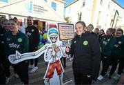 27 Novmeber 2023; Republic of Ireland goalkeeper Grace Moloney poses with fundraising ambassador Boney Maloney during a visit to Cappagh Kids and The National Orthopaedic Hospital Cappagh in Dublin to launch the Cappagh Hospital Foundation Christmas Appeal and their fundraising ambassador Boney Maloney. Photo by Stephen McCarthy/Sportsfile