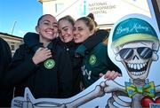 27 Novmeber 2023; Republic of Ireland players, from left, Abbie Larkin, Izzy Atkinson and Sinead Farrelly with fundraising ambassador Boney Maloney during a visit to Cappagh Kids and The National Orthopaedic Hospital Cappagh in Dublin to launch the Cappagh Hospital Foundation Christmas Appeal and their fundraising ambassador Boney Maloney. Photo by Stephen McCarthy/Sportsfile