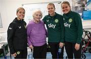27 Novmeber 2023; Republic of Ireland players, from left, Denise O'Sullivan, Ruesha Littlejohn and Erin McLaughlin with Lily Murtagh during a visit to Cappagh Kids and The National Orthopaedic Hospital Cappagh in Dublin to launch the Cappagh Hospital Foundation Christmas Appeal and their fundraising ambassador Boney Maloney. Photo by Ramsey Cardy/Sportsfile