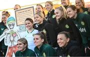 27 Novmeber 2023; Republic of Ireland players, from left, Denise O'Sullivan, Izzy Atkinson, and Heather Payne, with Isabelle Forrester, age 9, during a visit to Cappagh Kids and The National Orthopaedic Hospital Cappagh in Dublin to launch the Cappagh Hospital Foundation Christmas Appeal and their fundraising ambassador Boney Maloney. Photo by Ramsey Cardy/Sportsfile