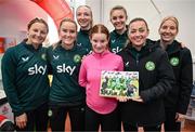 27 Novmeber 2023; Republic of Ireland players, from left, Kyra Carusa, Erin McLaughlin, Louise Quinn, Caitlin Hayes, Katie McCabe and goalkeeper Sophie Whitehouse with Elsie Friel, from Drumkeen, Donegal, a member of the Ireland women's CP team, during a visit to Cappagh Kids and The National Orthopaedic Hospital Cappagh in Dublin to launch the Cappagh Hospital Foundation Christmas Appeal and their fundraising ambassador Boney Maloney. Photo by Stephen McCarthy/Sportsfile