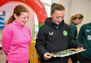 27 Novmeber 2023; Republic of Ireland's Katie McCabe with Elsie Friel, from Drumkeen, Donegal, a member of the Ireland women's CP team, during a visit to Cappagh Kids and The National Orthopaedic Hospital Cappagh in Dublin to launch the Cappagh Hospital Foundation Christmas Appeal and their fundraising ambassador Boney Maloney. Photo by Stephen McCarthy/Sportsfile