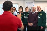 27 Novmeber 2023; Republic of Ireland players, from left, Heather Payne, Lucy Quinn, Sinead Farrelly and Courtney Brosnan with Eddie Neville during a visit to Cappagh Kids and The National Orthopaedic Hospital Cappagh in Dublin to launch the Cappagh Hospital Foundation Christmas Appeal and their fundraising ambassador Boney Maloney. Photo by Ramsey Cardy/Sportsfile