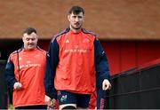 28 November 2023; Thomas Ahern, right, arrives before Munster rugby squad training at University of Limerick in Limerick. Photo by Sam Barnes/Sportsfile