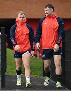 28 November 2023; Craig Casey, left, and Sean O'Brien arrive before Munster rugby squad training at University of Limerick in Limerick. Photo by Sam Barnes/Sportsfile