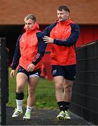 28 November 2023; Craig Casey, left, and Sean O'Brien arrive before Munster rugby squad training at University of Limerick in Limerick. Photo by Sam Barnes/Sportsfile