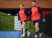 28 November 2023; Craig Casey, left, and Sean O'Brien arrive before Munster rugby squad training at University of Limerick in Limerick. Photo by Sam Barnes/Sportsfile